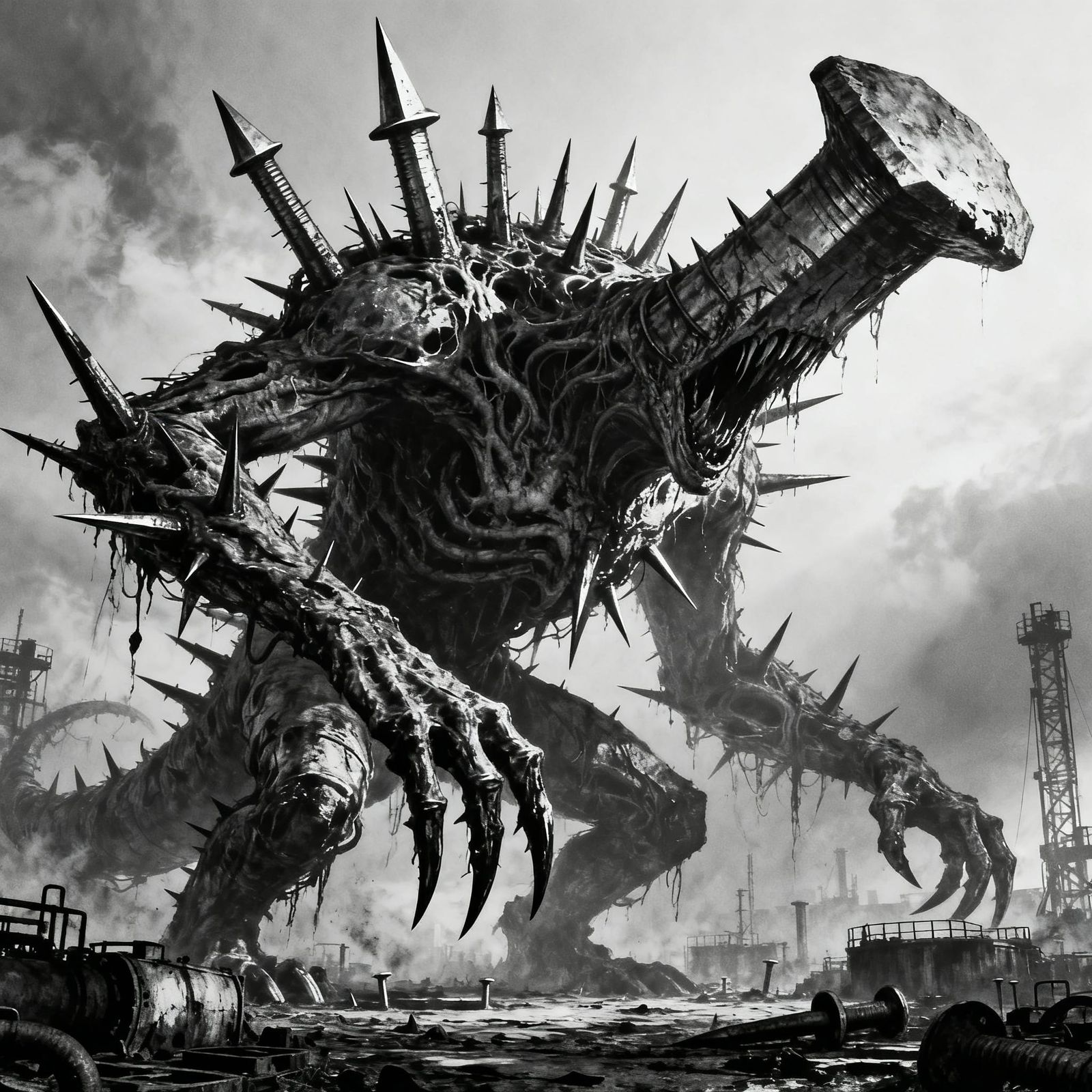 Terrifying Nail Monster in Gritty Charcoal Style