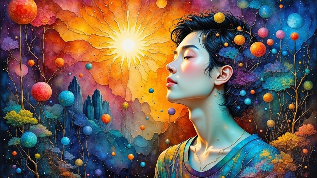 Gay Man's Inner Peace in Surreal Landscape