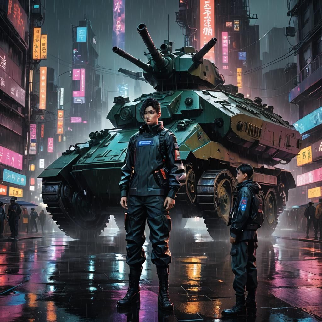 Cyberpunk Anime Boy Near Tank in Rainy City