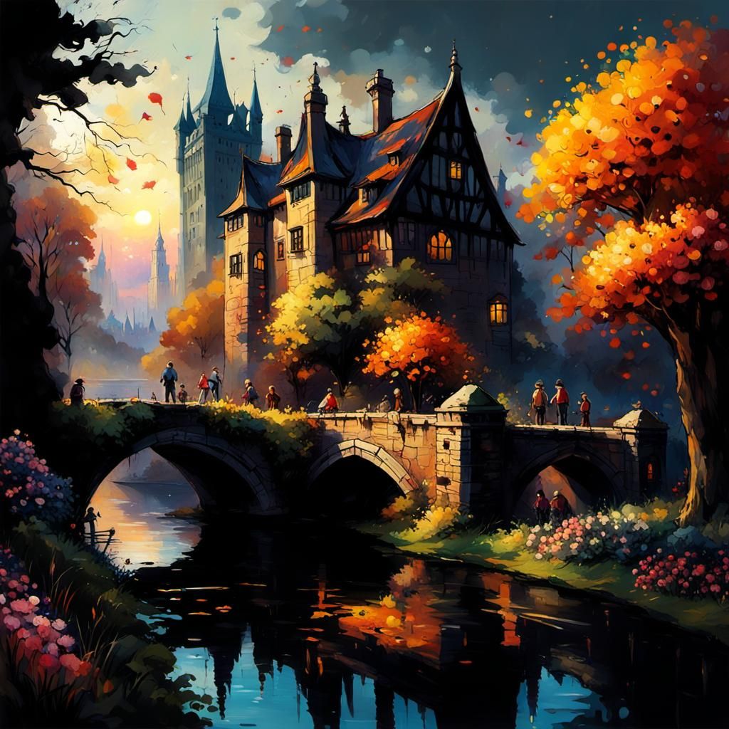 Bavarian City and Chrysanthemums: Gouache Impressionist Pain...