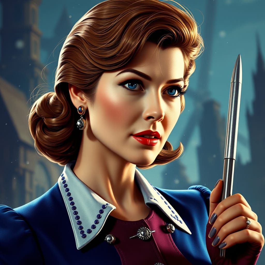 Vintage Spy Goddess in Retro-Futuristic Landscape