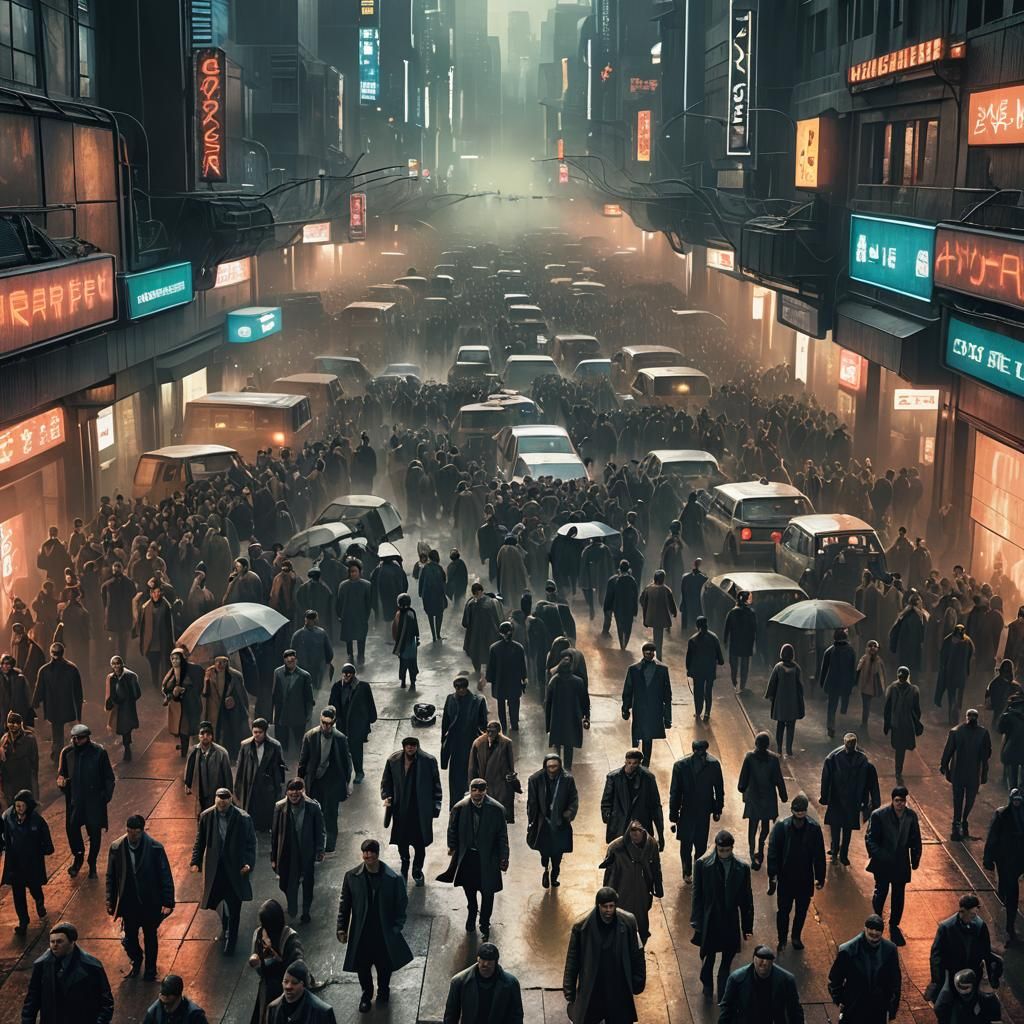 Dystopian Future: Robots Reading in Cyberpunk Cityscape