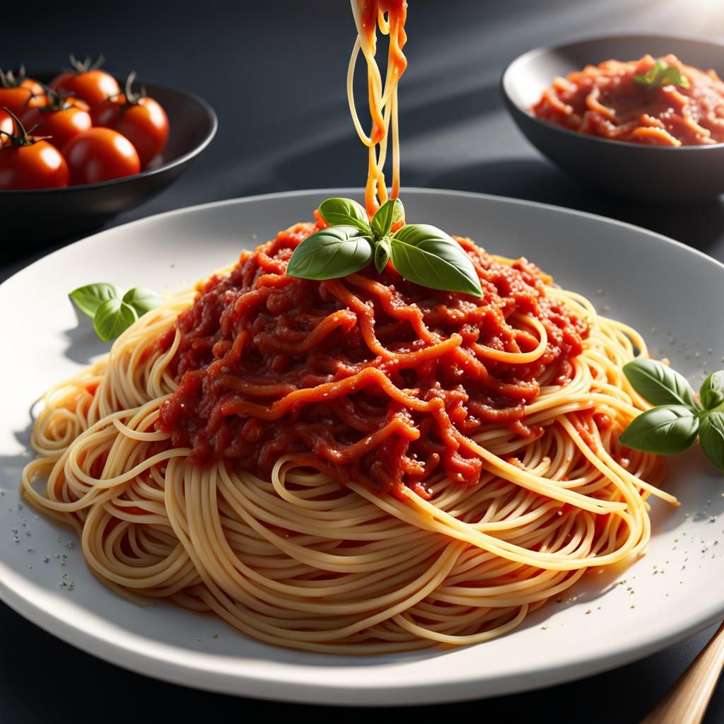 Spaghetti in Tomato Sauce: Hyperrealistic Digital Painting