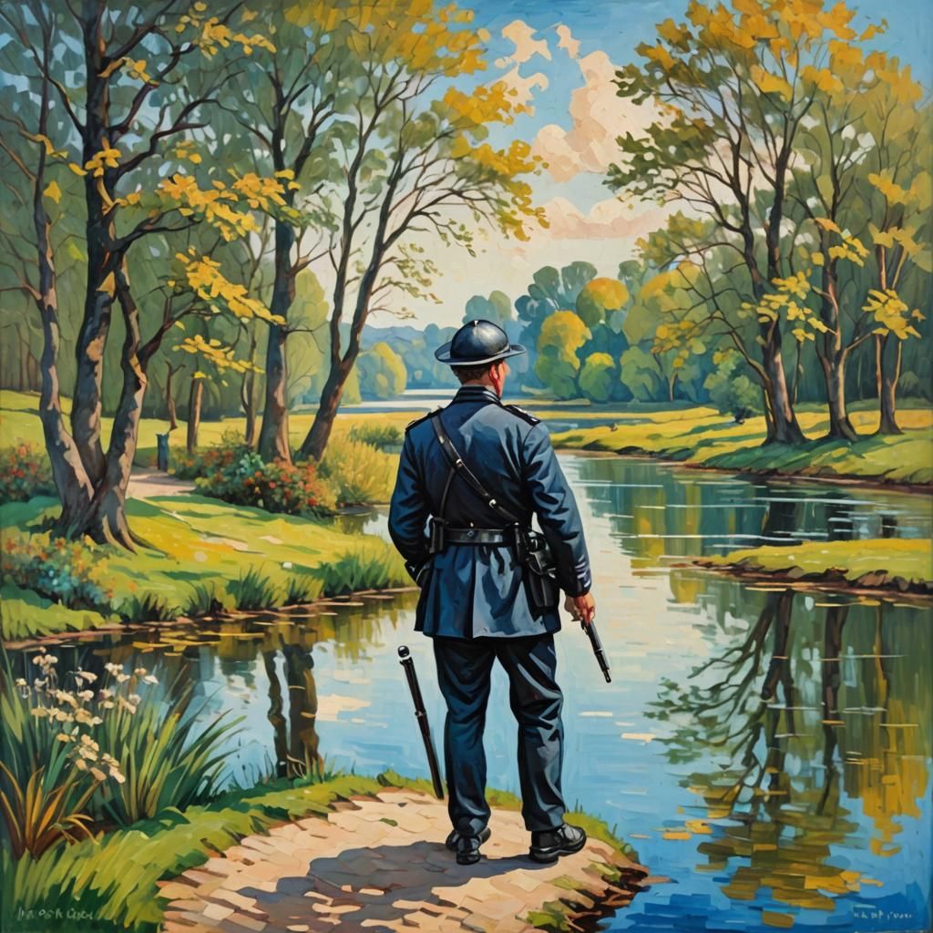 English Policeman on Patrol: Neo-Impressionist Oil Painting