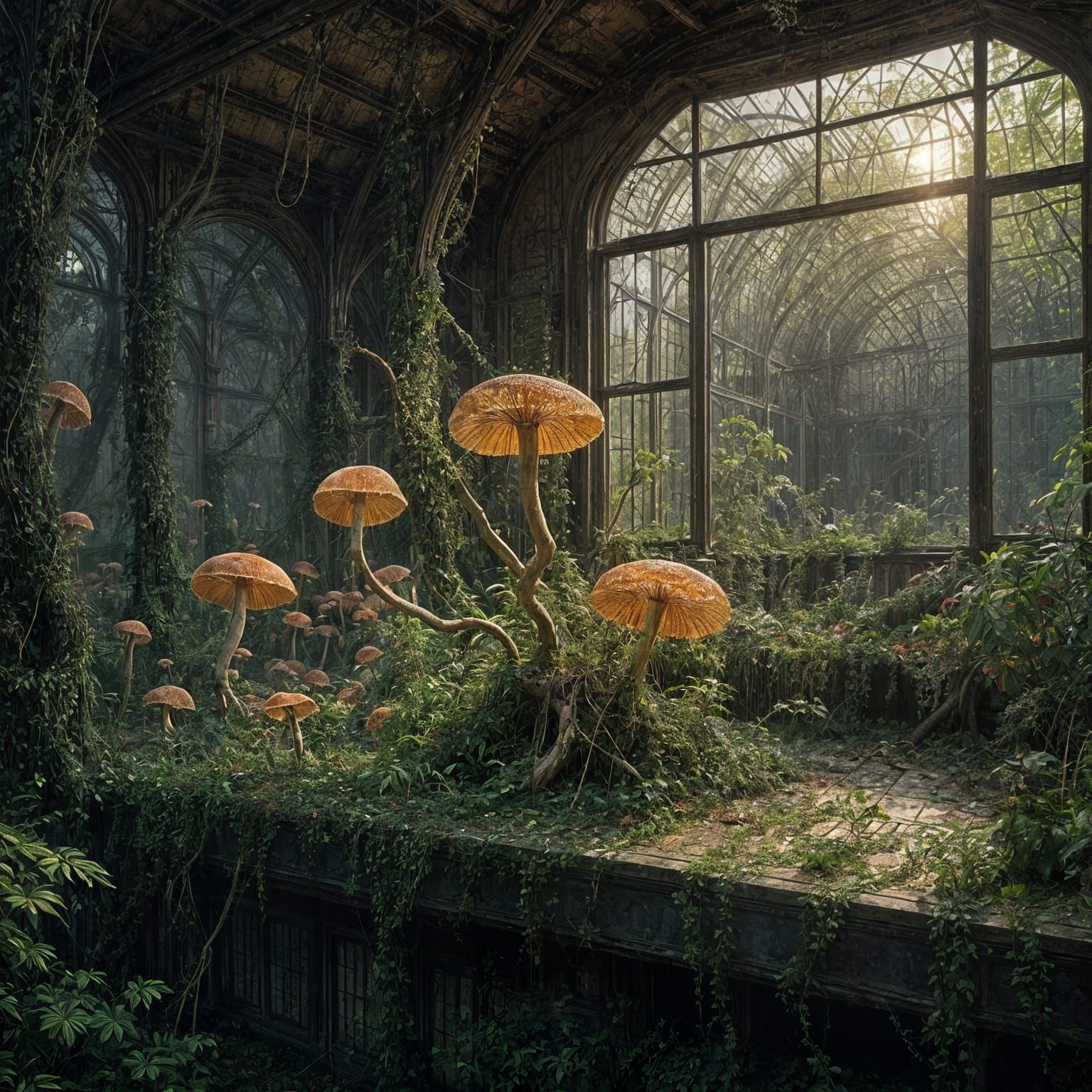 Forgotten Greenhouse: Vines and Fungi in Horror Style