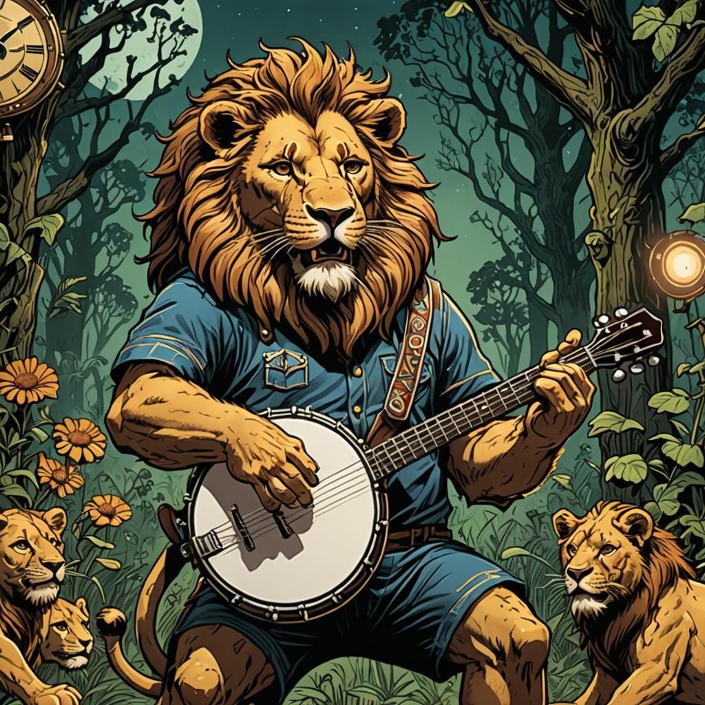 Lion Plays Banjo in Comic Book Art Style