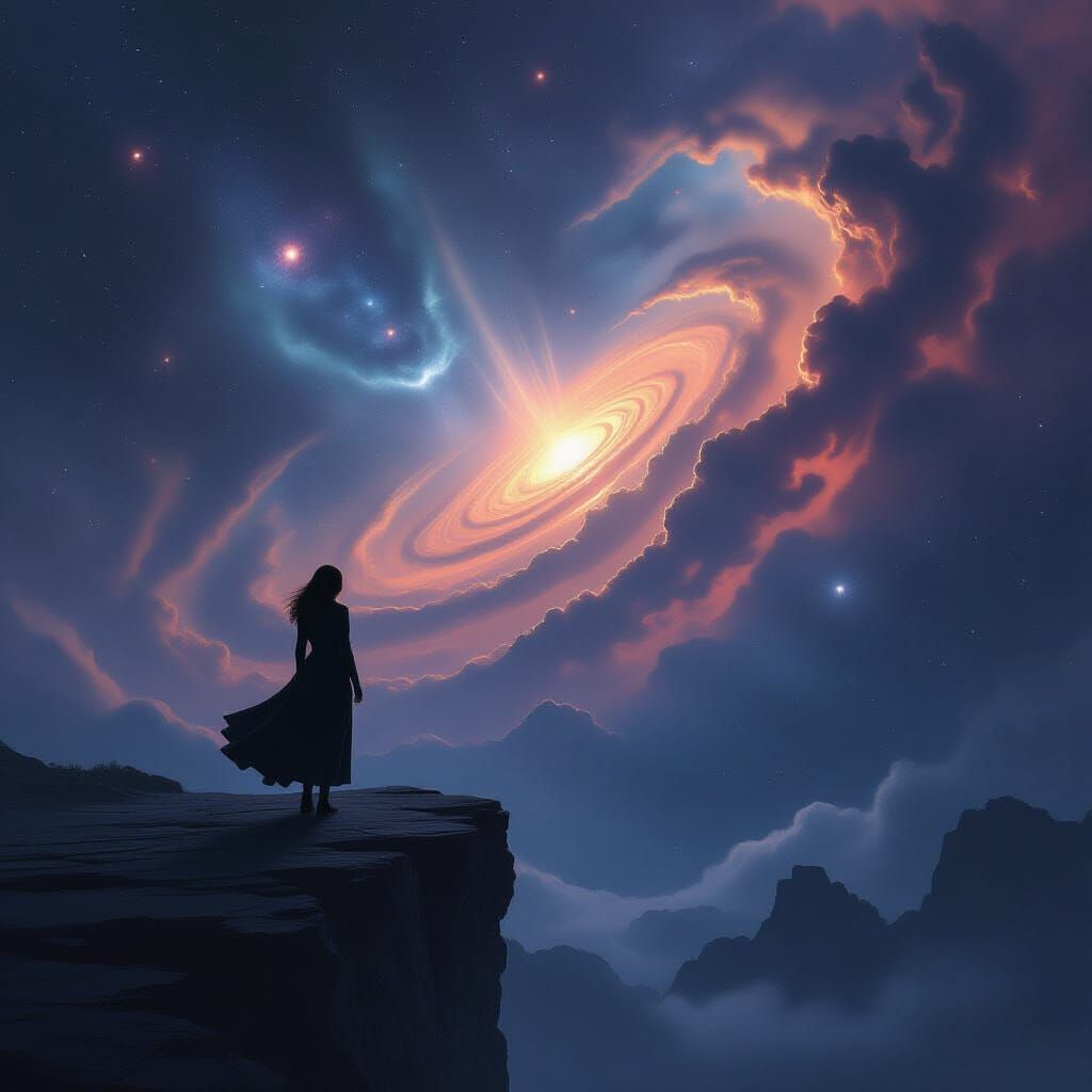 Woman Gazes at Cosmic Nebula on Cliff Edge in Dark Fantasy S...