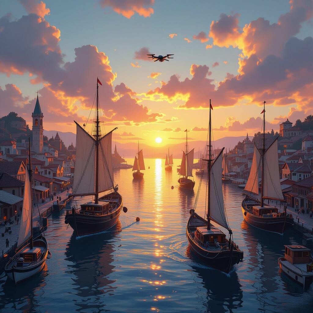 Fantasy Harbour at Sunrise in Matte Painting Style