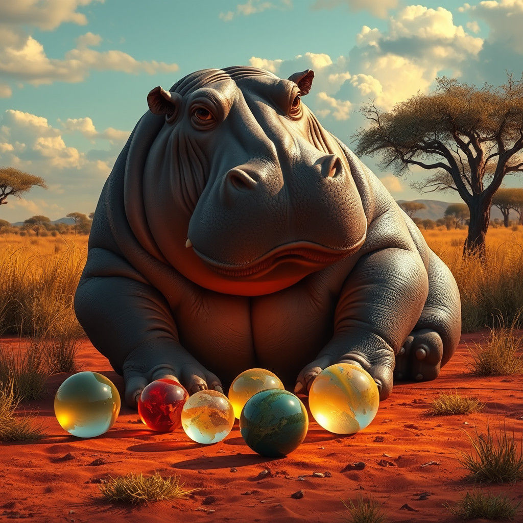 Hippo Plays Marbles in Dreamlike Savannah