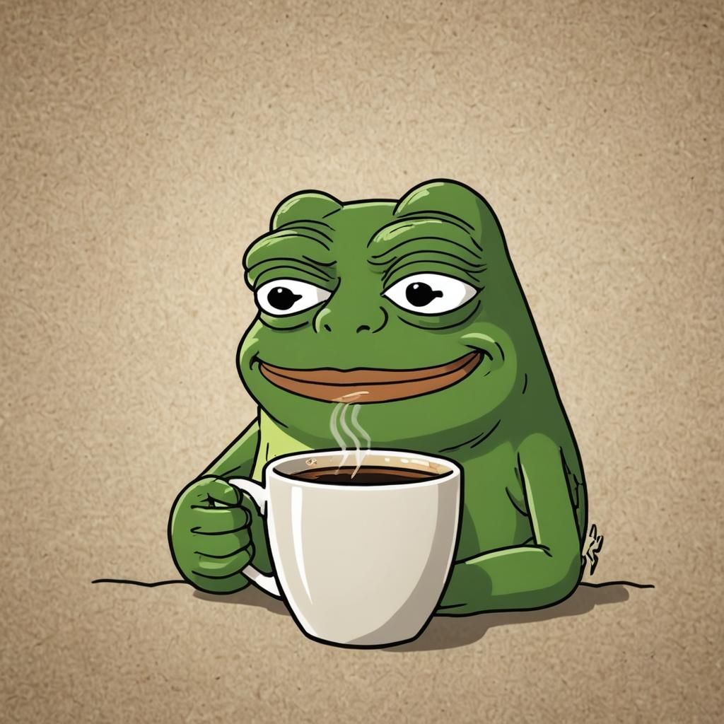 Sleepy Pepe Frog Sips Morning Coffee