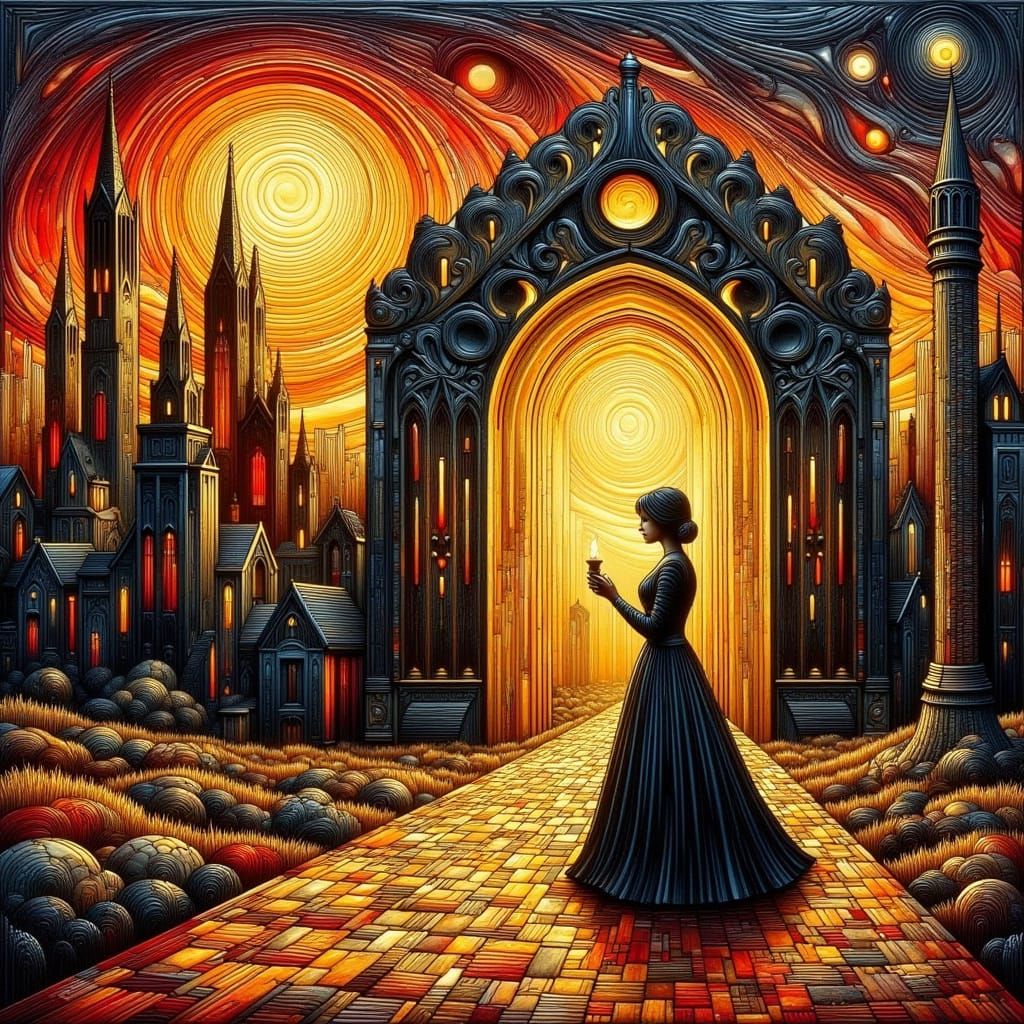 Gothic Archway at Twilight in Encaustic Wax Painting