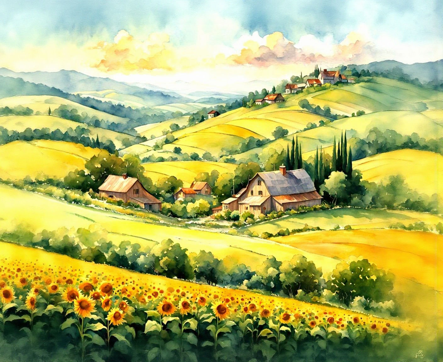 Lush Countryside Landscape in Watercolor Style