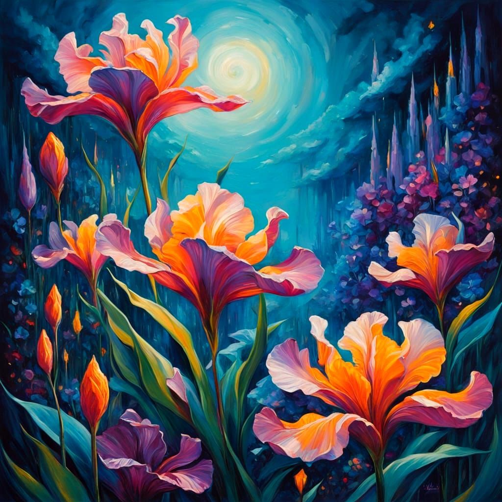 Enormous Glowing Flowers in a Surreal Dreamscape Painting