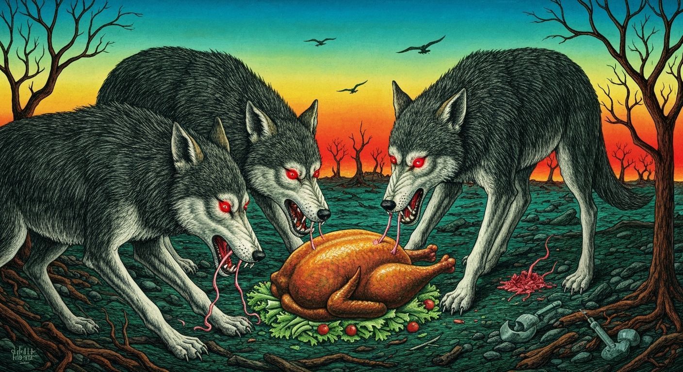 Surreal Wolves Devour Turkey in Hellish Landscape