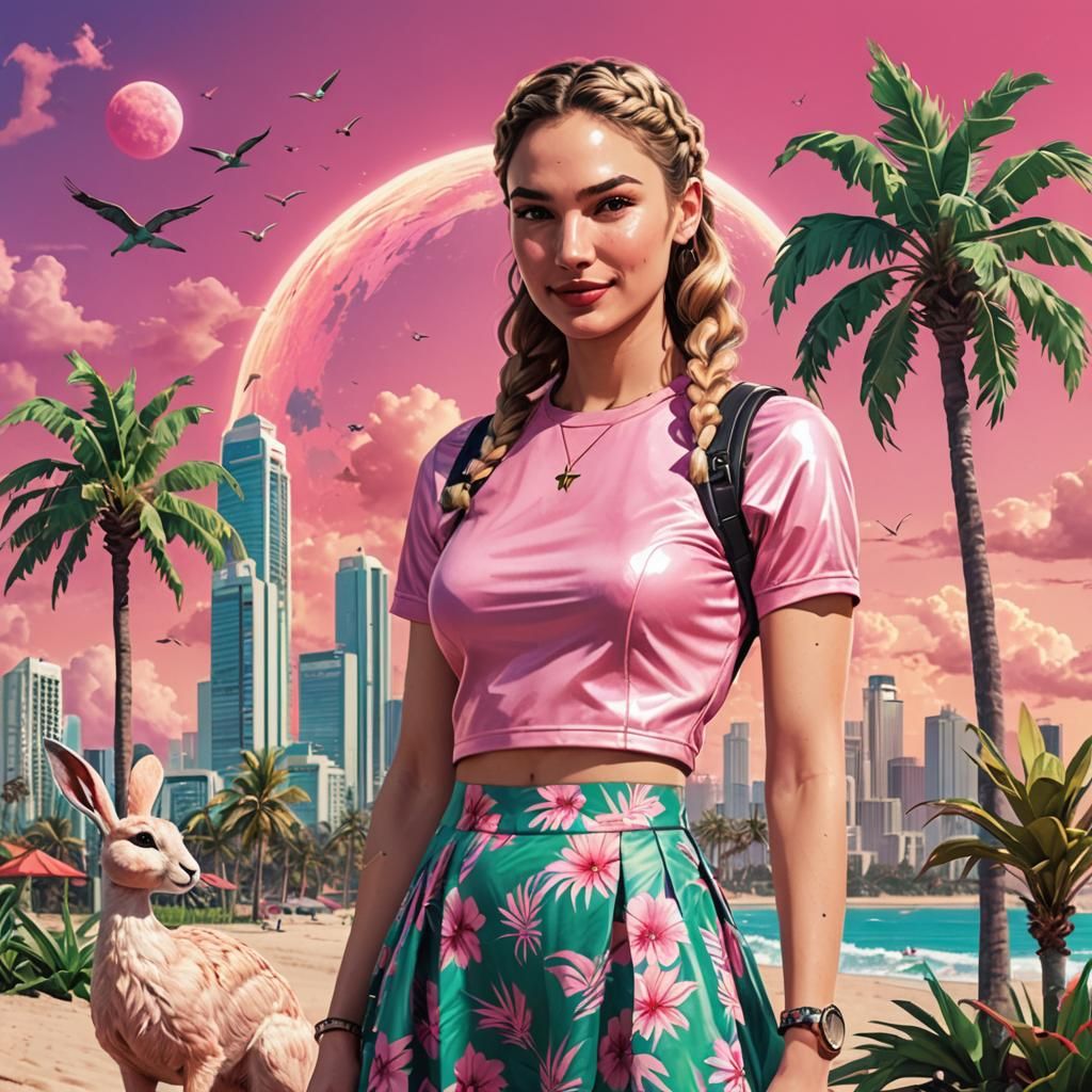 Retro Wave Gal Gadot with Galaxy Top and Synthwave Sun
