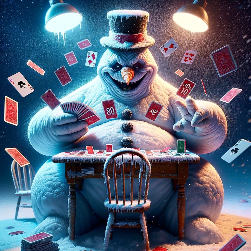 Snowman Card Game Blunder in Hyper-Realistic Concept Art