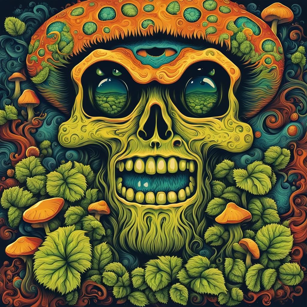 Psychedelic Mushroom Character Drinking Beer