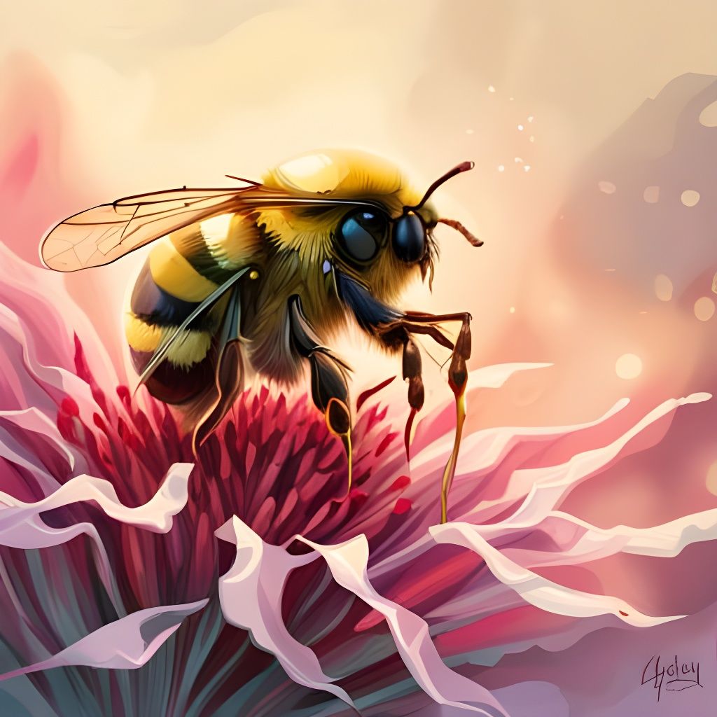 Bumblebee on Flower: Detailed Digital Painting