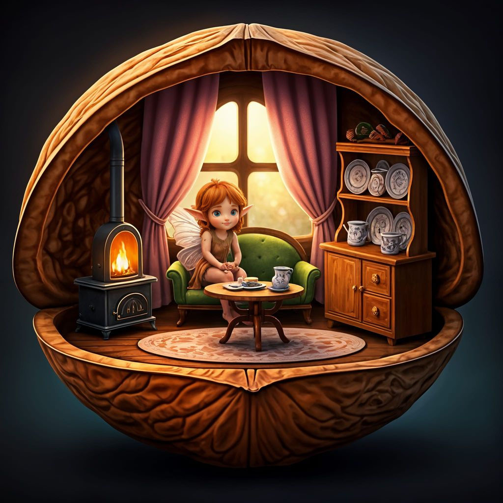 Whimsical Fairy in a Walnut Shell Home