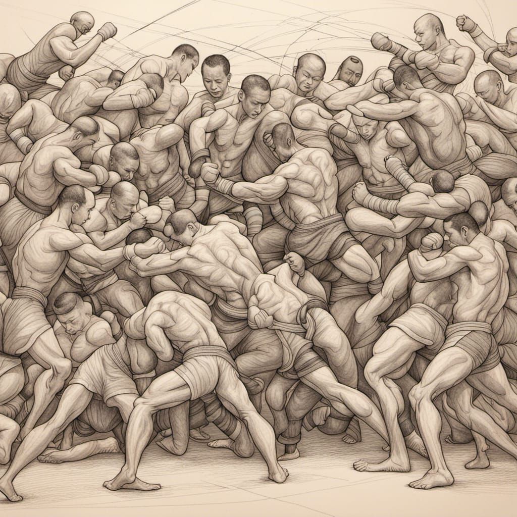 Detailed Martial Arts Fight in Pencil Sketch Style