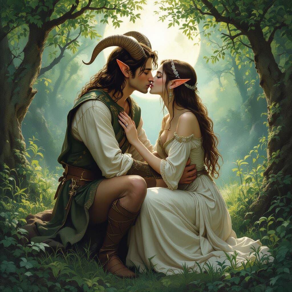 Pre-Raphaelite Satyr and Elf Kissing Under Moonlight
