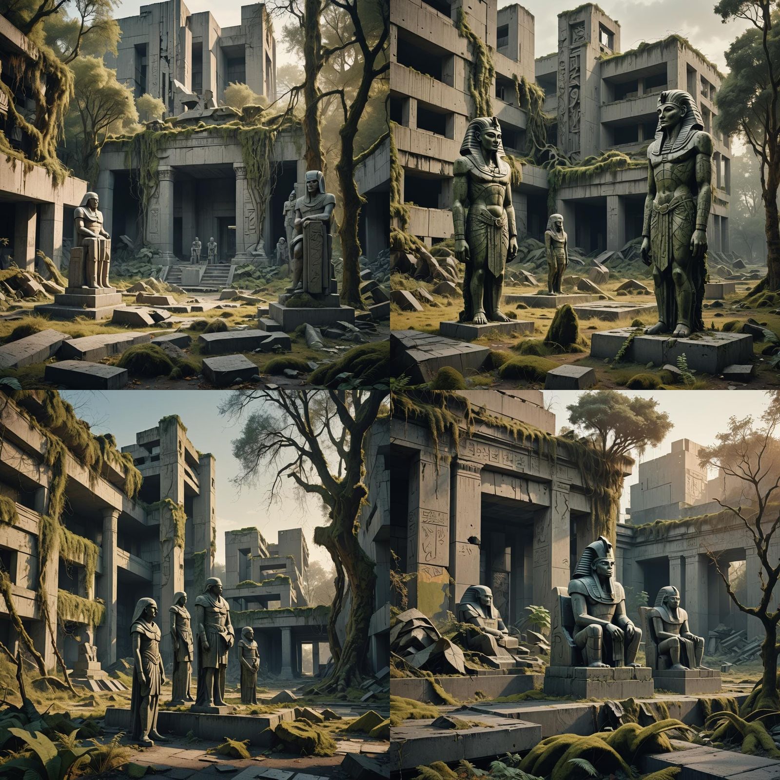 Dystopian Egyptian Statues in Soviet Brutalism Style