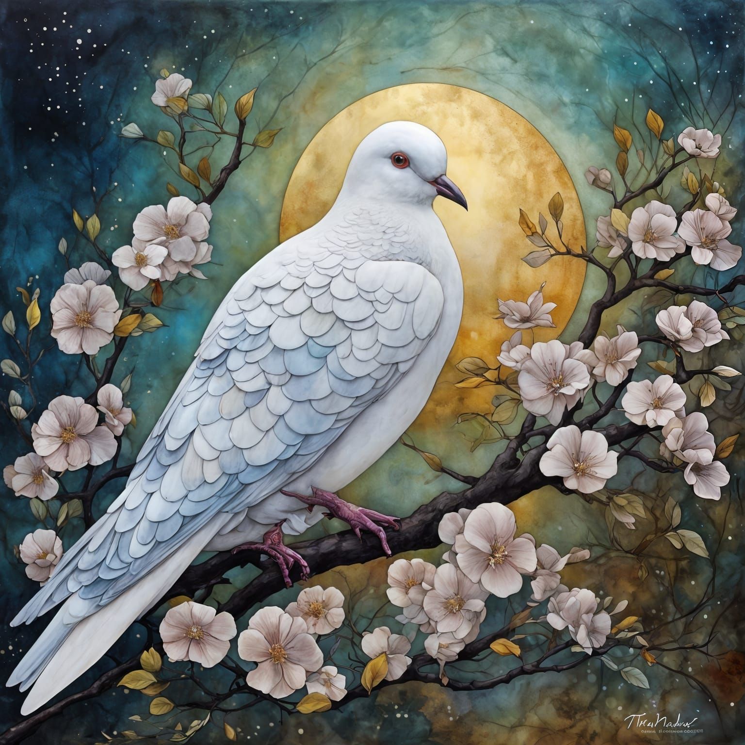 Ethereal Dove in Bloom, Under Moonlit Metallurgy
