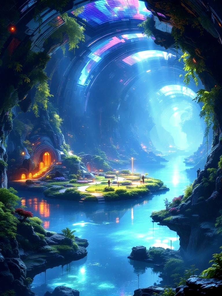 Futuristic Colony Ship Neighborhood with Garden Interiors