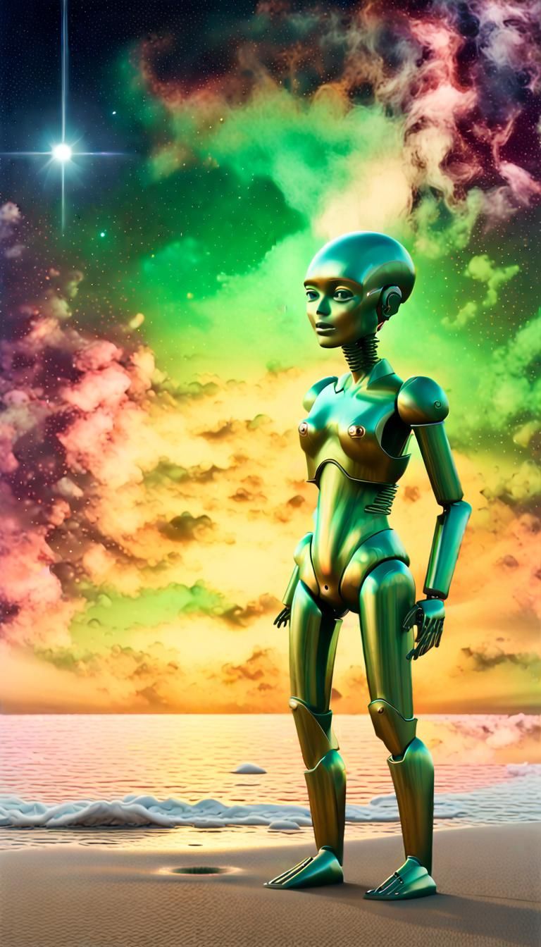 Android Gazing at Nebular Woman: Surreal Digital Art