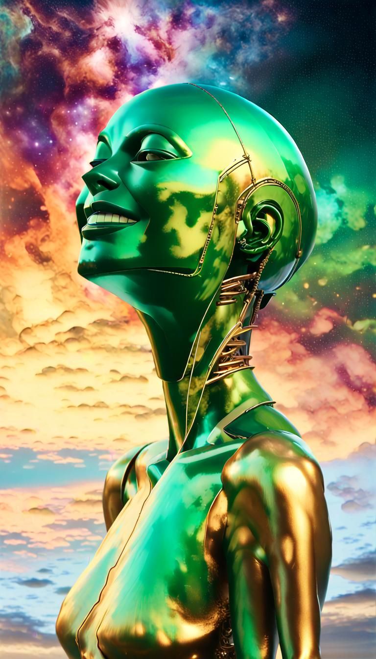 Android Gazing at Nebula Woman in Pastel Neon