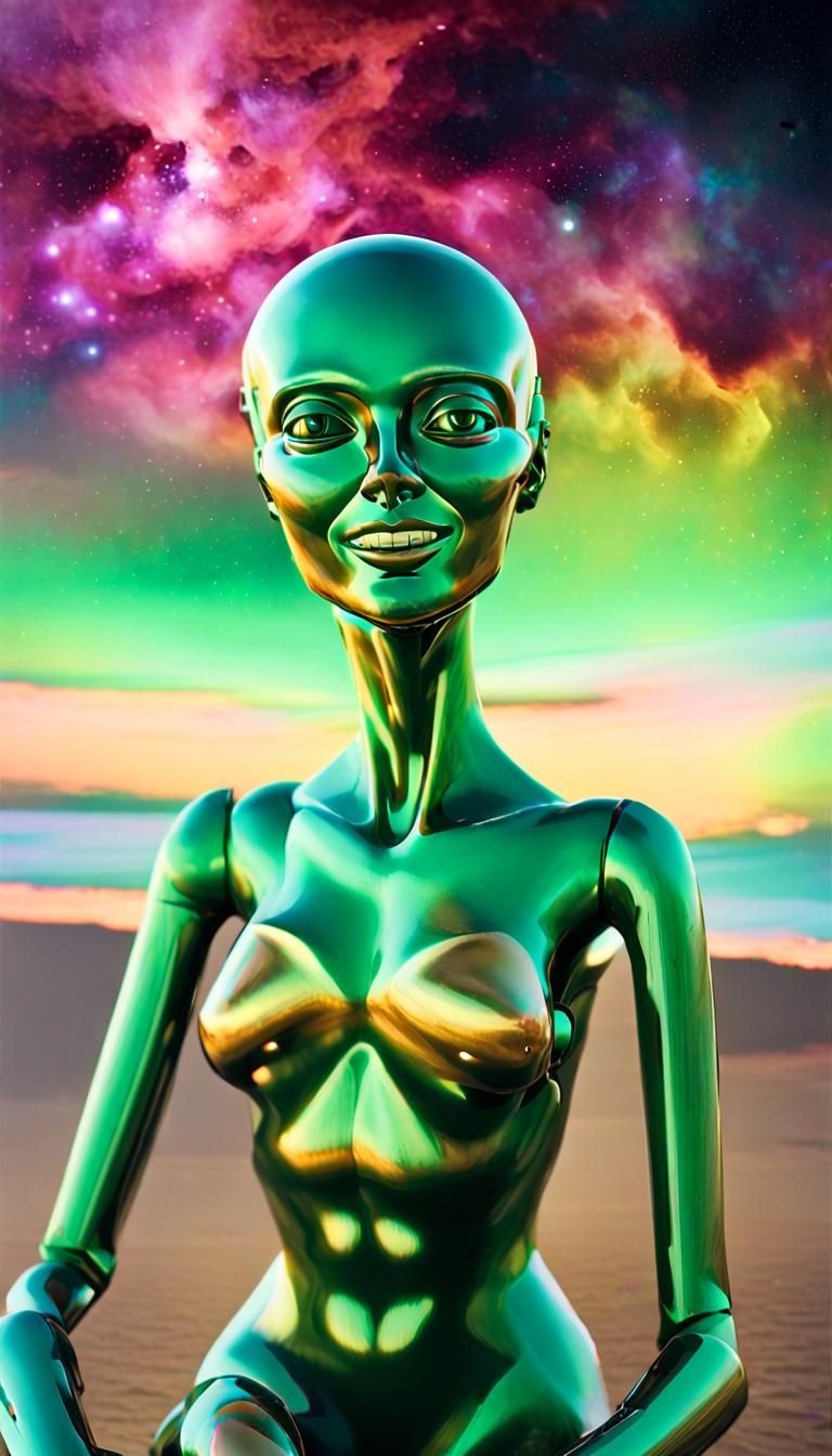 Android Gazes at Nebula Woman in Surrealist Digital Art