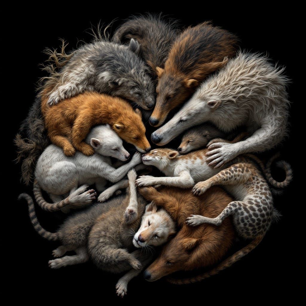 Hyperrealistic Animals Cuddling in Surreal 8k Scene