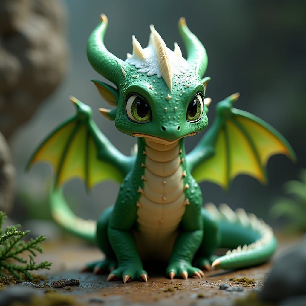 Majestic Small-Scale Dragon with Emerald Green and White Sca...