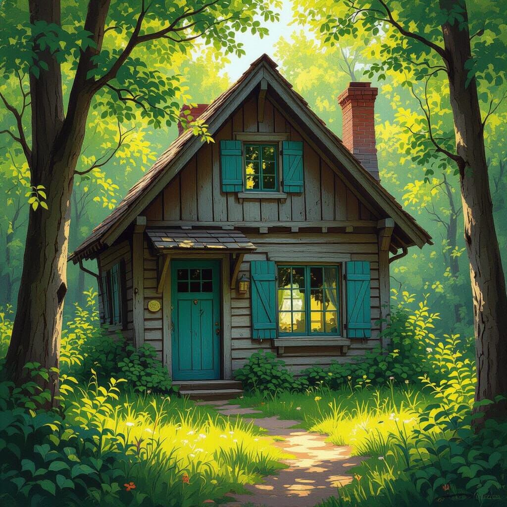 Rustic Forest House with Teal Door in Painterly Style