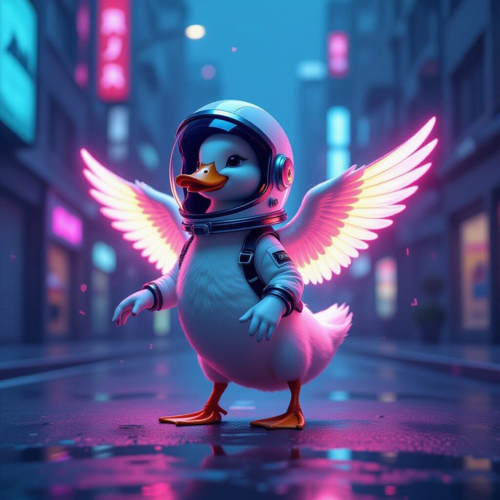 Dancing Duck in Neon Metropolis: Hyperrealistic Concept Art