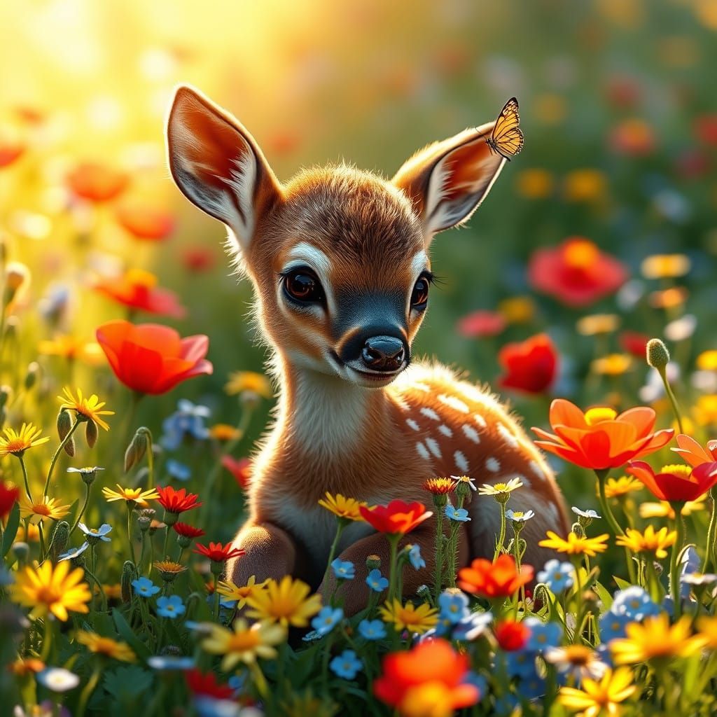 Charming Baby Fawn in Vibrant Meadow Landscape