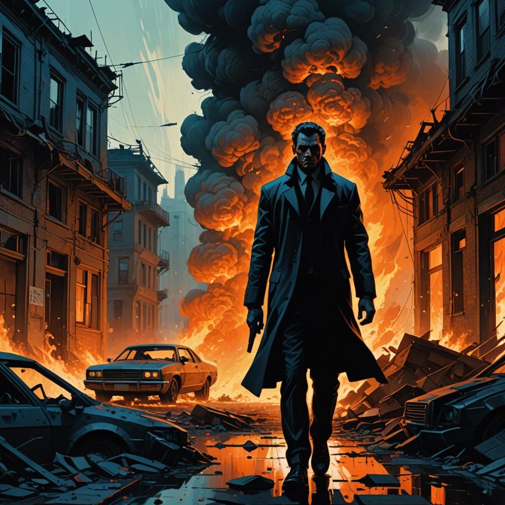 Stoic Figure Emerges from Burning Inferno in Cyberpunk Style