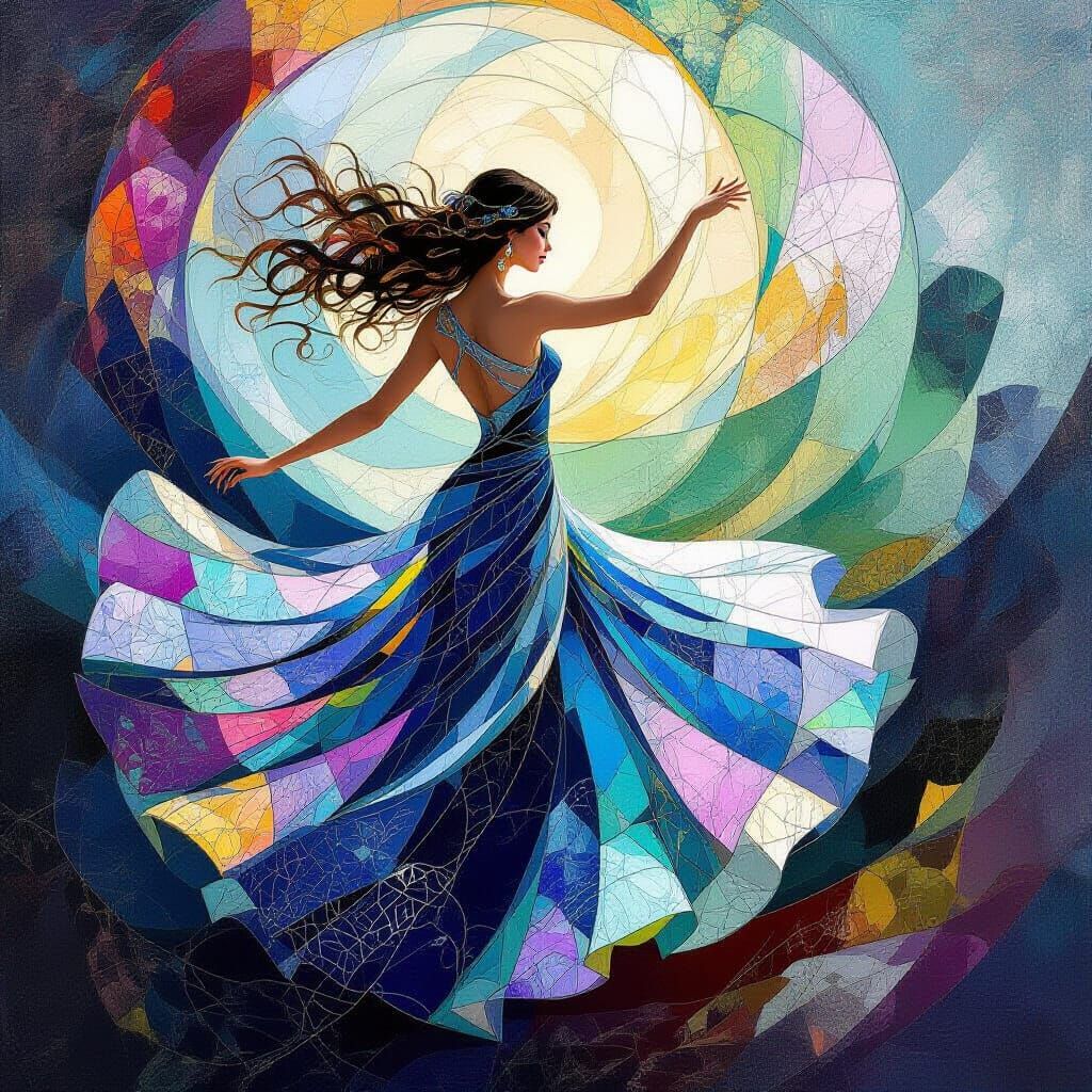 Woman in Shimmering Glass Gown Dancing in Ethereal Landscape