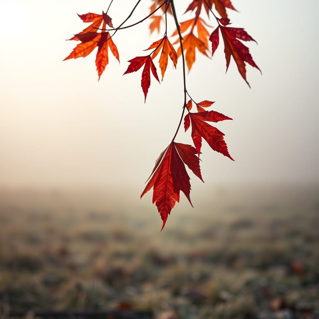 Crimson Maple Leaf Falling in Misty Morning Pasture