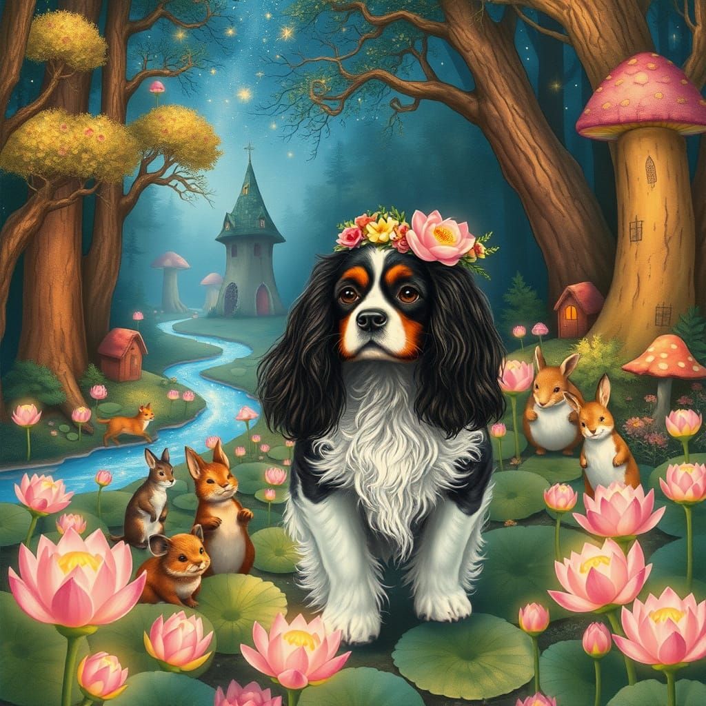 Whimsical Woodland Scene with Cavalier King Charles Spaniel ...