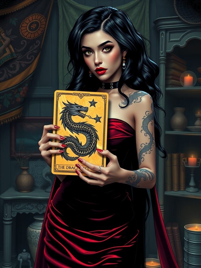 Dragon Tattooed Witch Holding Tarot Card