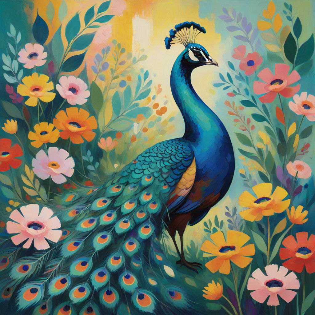 Vibrant Peacock Unfolds in Whimsical Garden