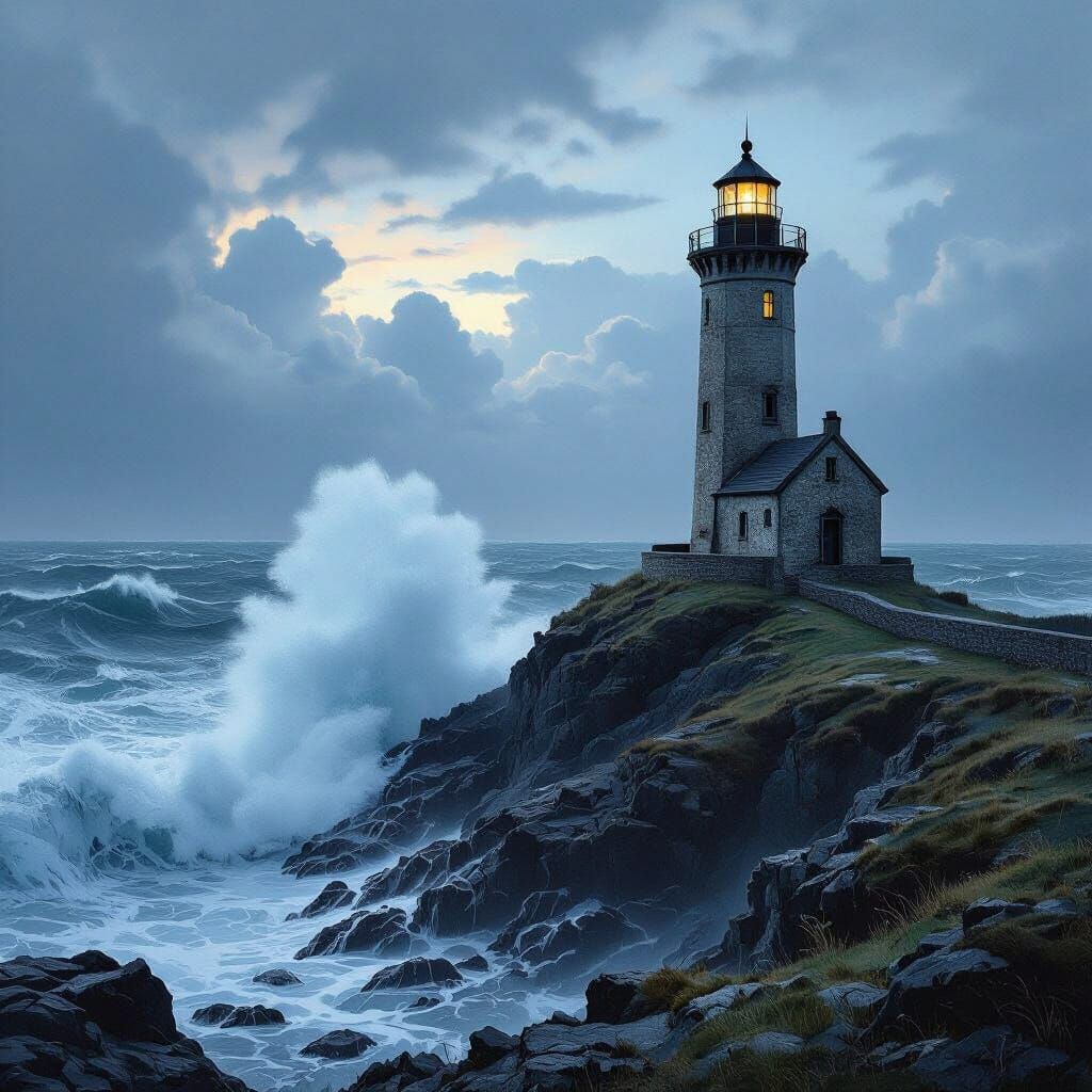 Weathered Lighthouse on Rugged Cliff at Twilight