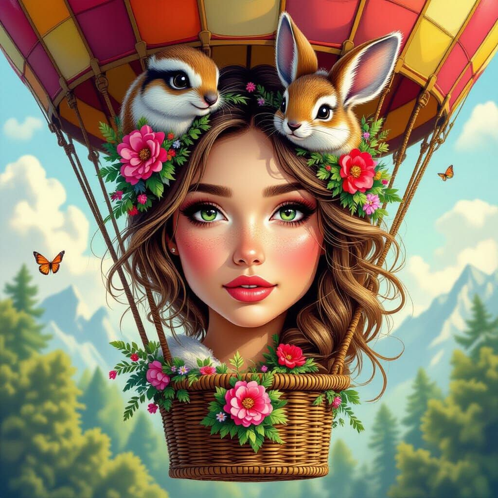 Hot Air Balloon Woman with Woodland Creature Elements