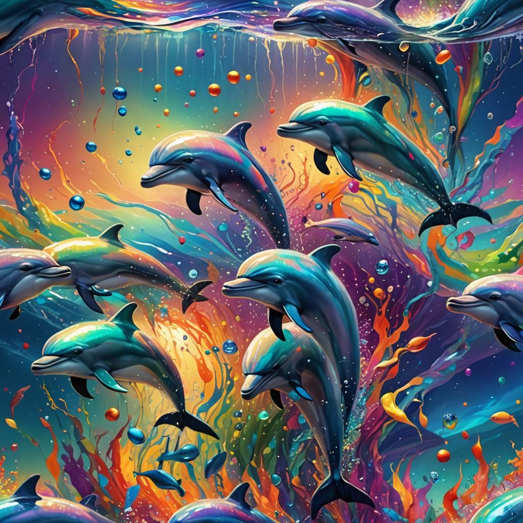 Rainbow Dolphins Swimming in a Fantastical Ocean