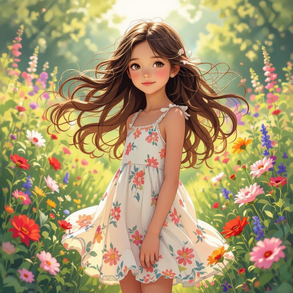 Girl with Flowing Hair in Lush Garden