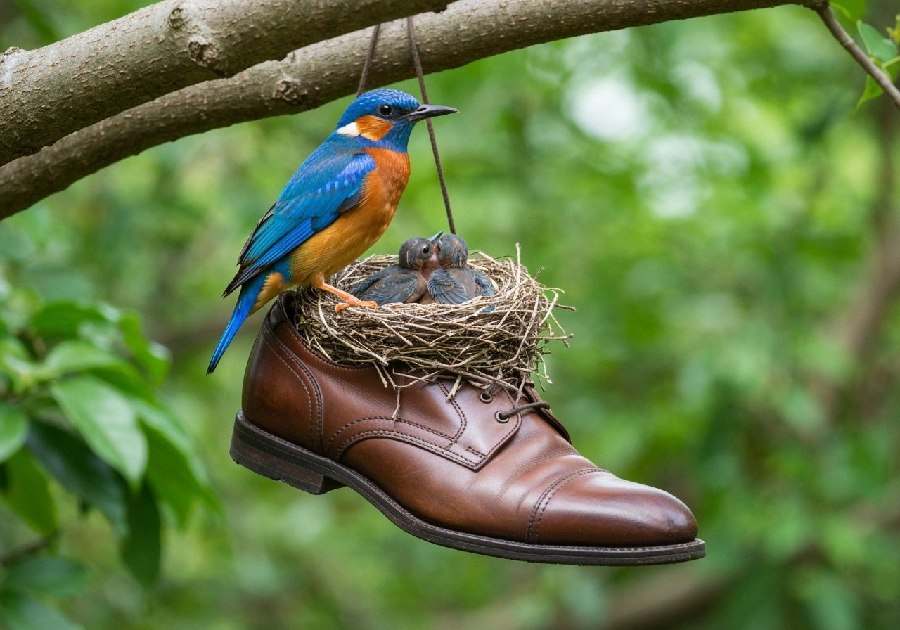 Bird Family Nest in Shoe, Photorealistic Nature