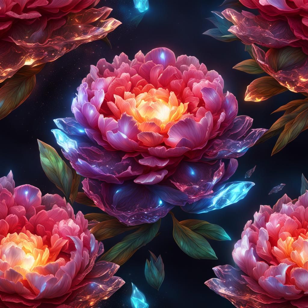 Glowing Crystal Peony in Detailed Digital Art