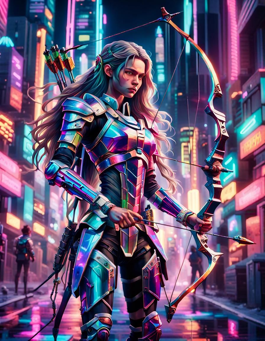 Cyborg Archer in Neon City, Vaporwave Style