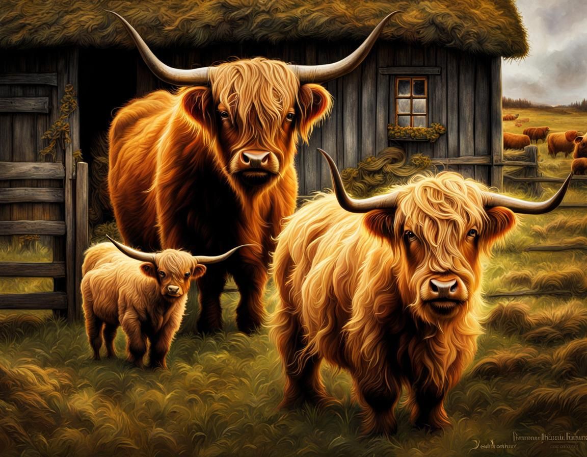 Highland Cows in Farm Setting: Digital Art